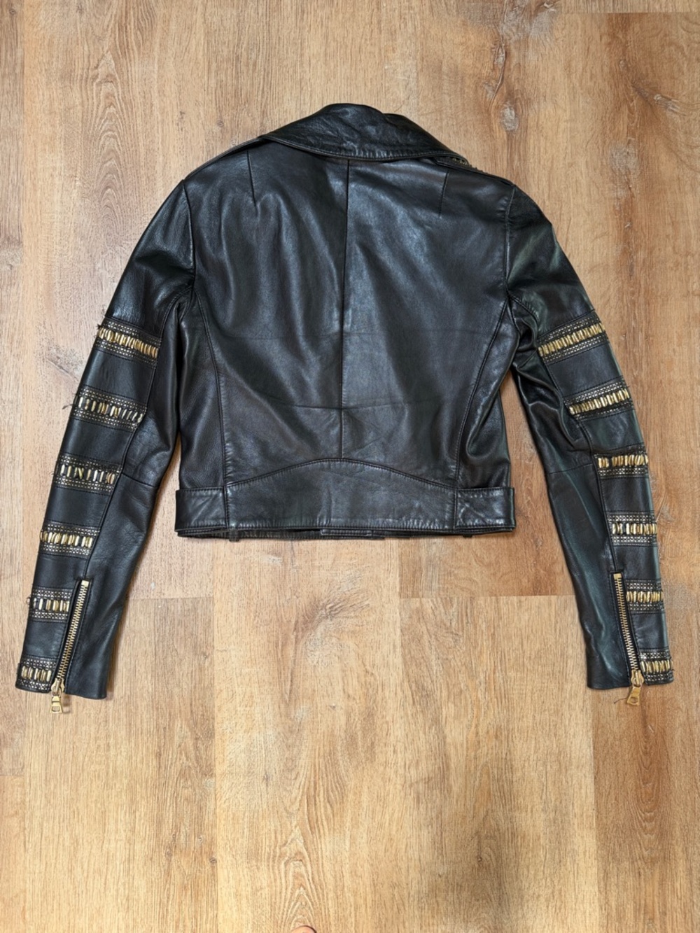 Alice + Olivia Black Leather Moto Jacket with Gold Accent Trim - Picture 2 of 5